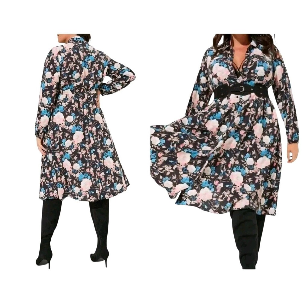 Torrid Studio Crepe de Chine Midi Shirt Dress Womens 6X Black Floral Whimsigoth